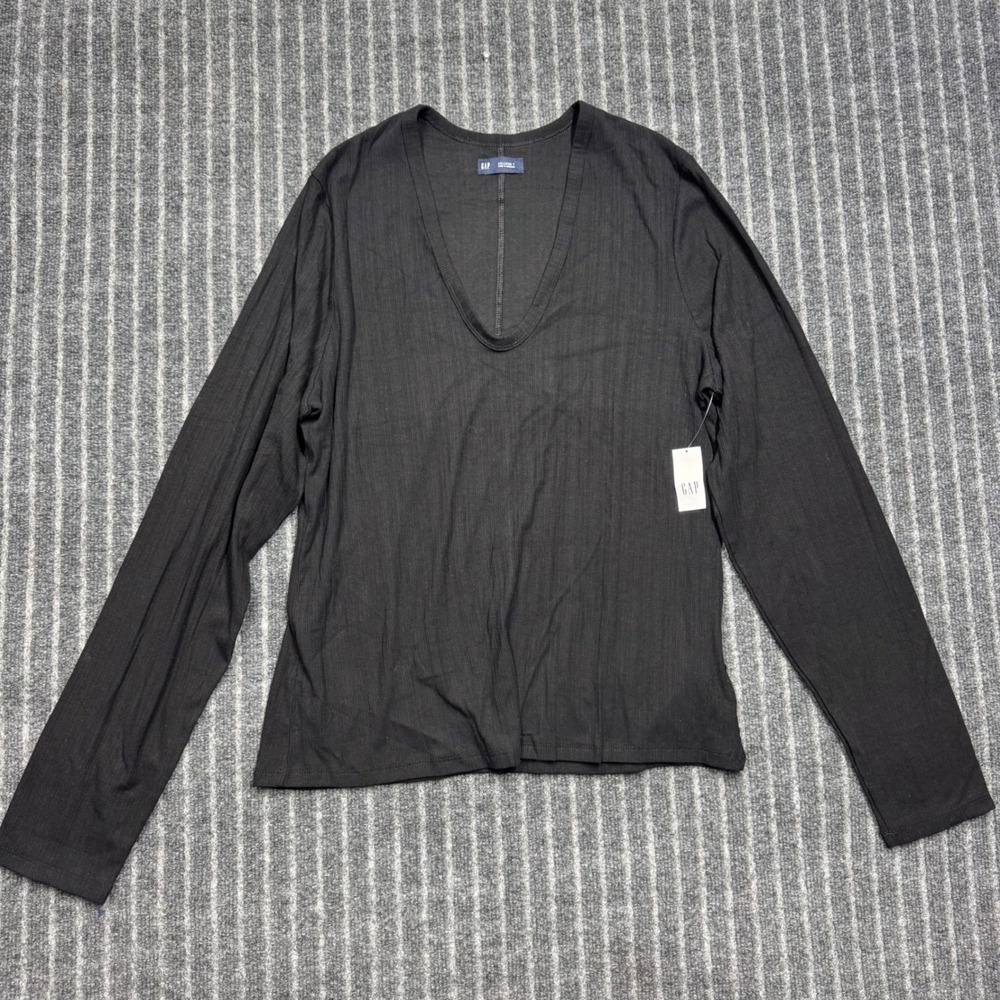 Gap Womens V-Neck Ribbed Long Sleeve Top XXL Tall Black Cotton Modal Blend